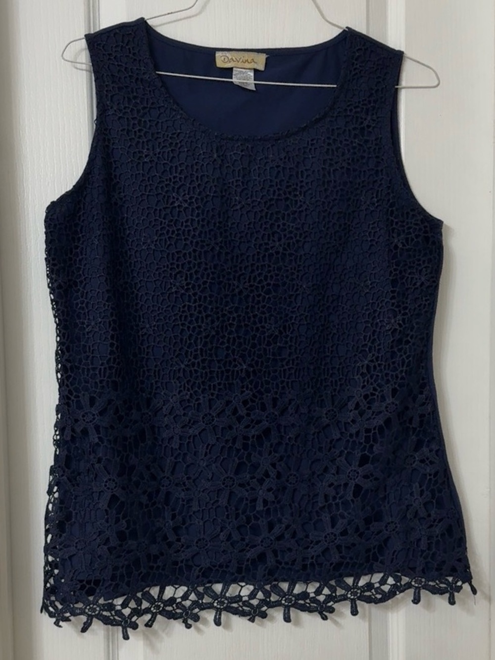 Davina navy blue sleeveless lace top floral crochet size 14